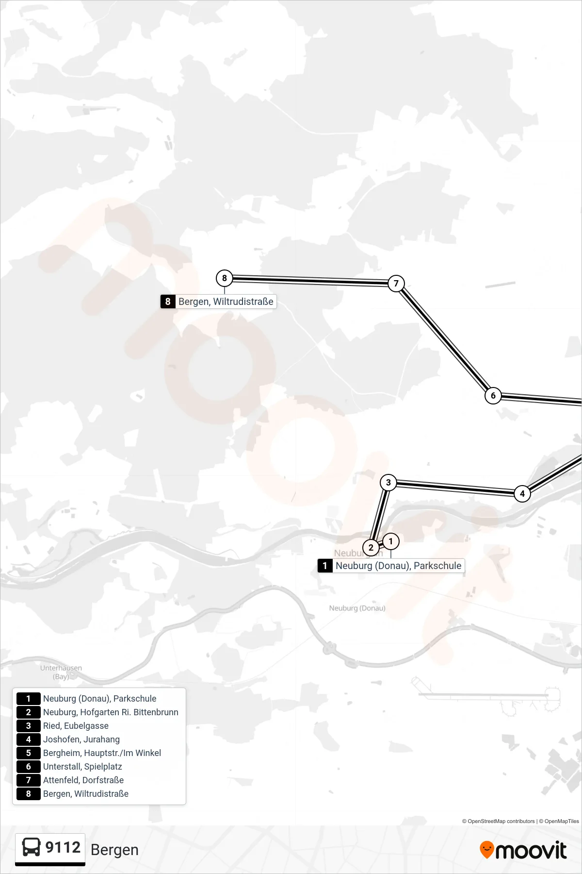 9112 bus Line (Bergen) route and stops on a map