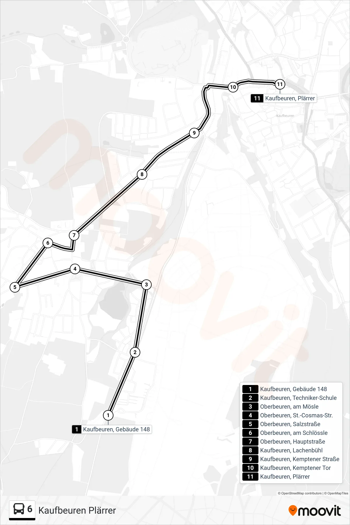 6 bus Line (Kaufbeuren Plärrer) route and stops on a map