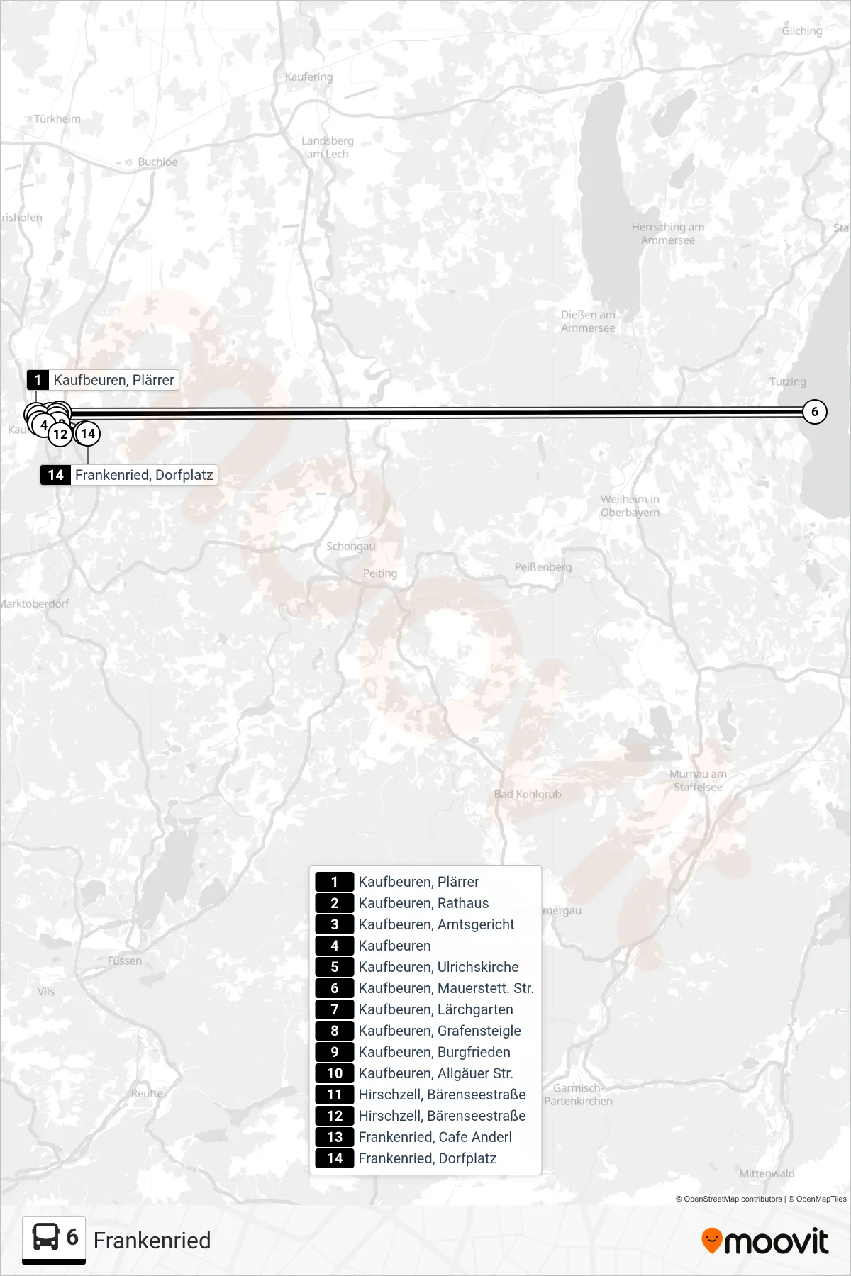 6 bus Line (Frankenried) route and stops on a map