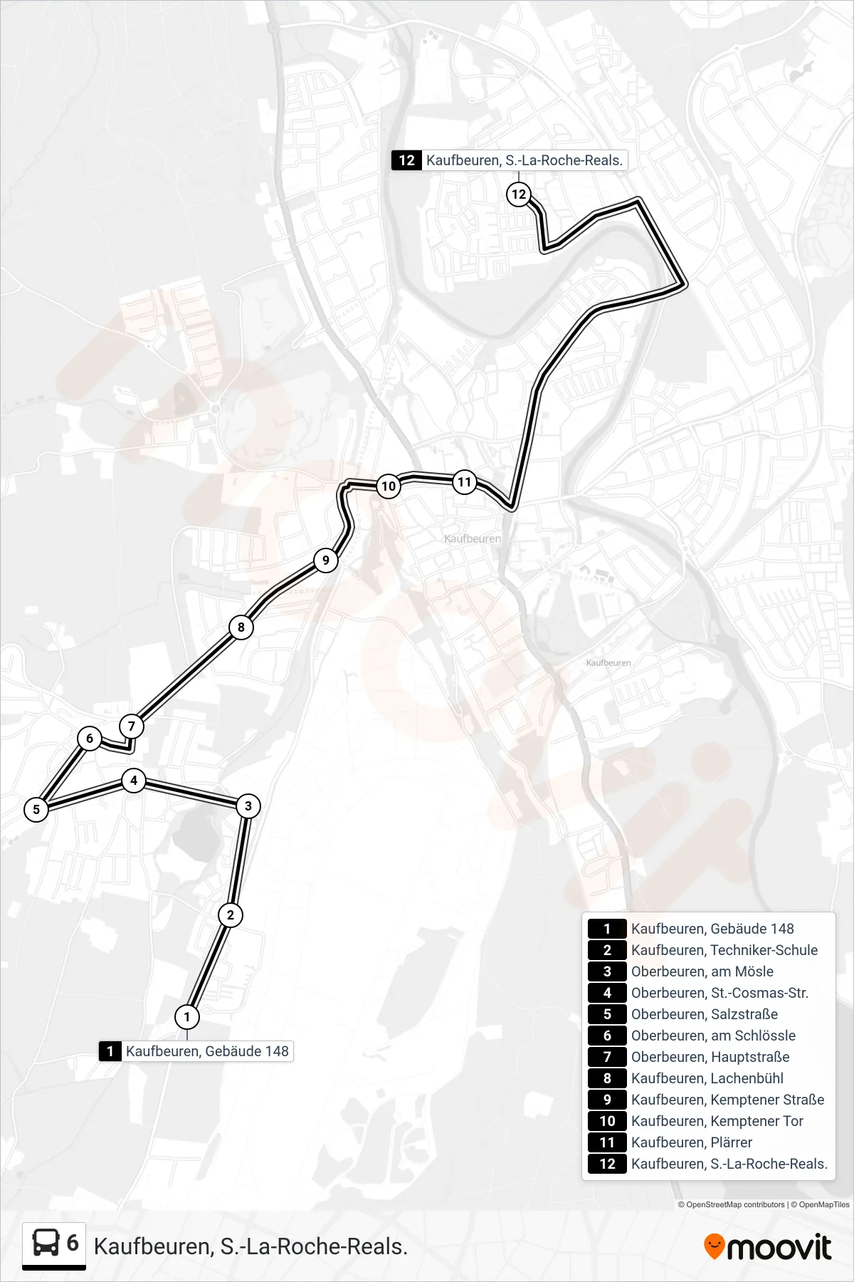 6 bus Line (Kaufbeuren, S.-La-Roche-Reals.) route and stops on a map