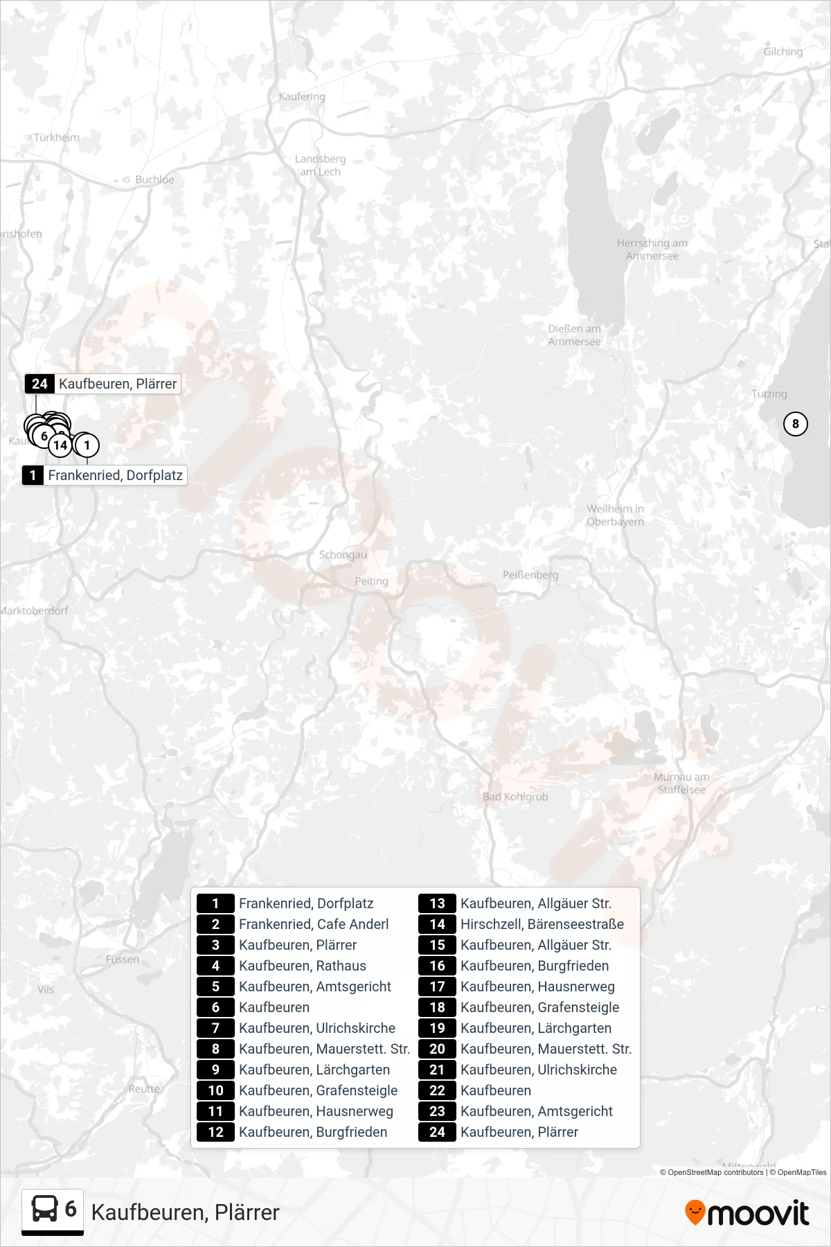 6 bus Line (Kaufbeuren, Plärrer) route and stops on a map