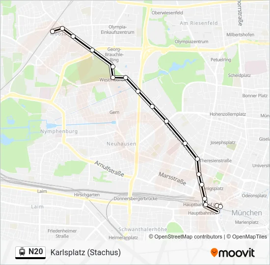 Трамвай N20: карта маршрута