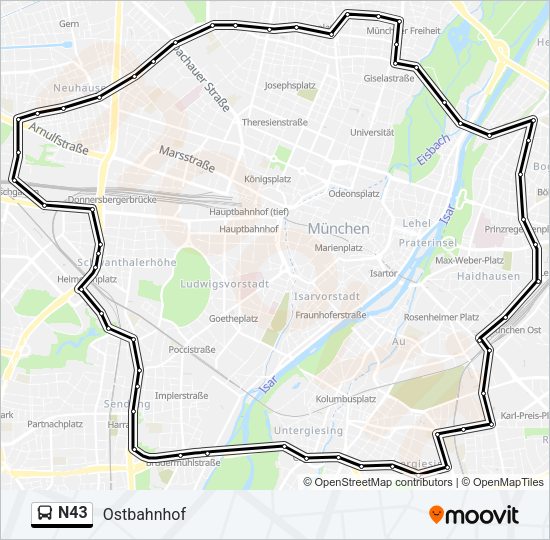 Автобус N43: карта маршрута