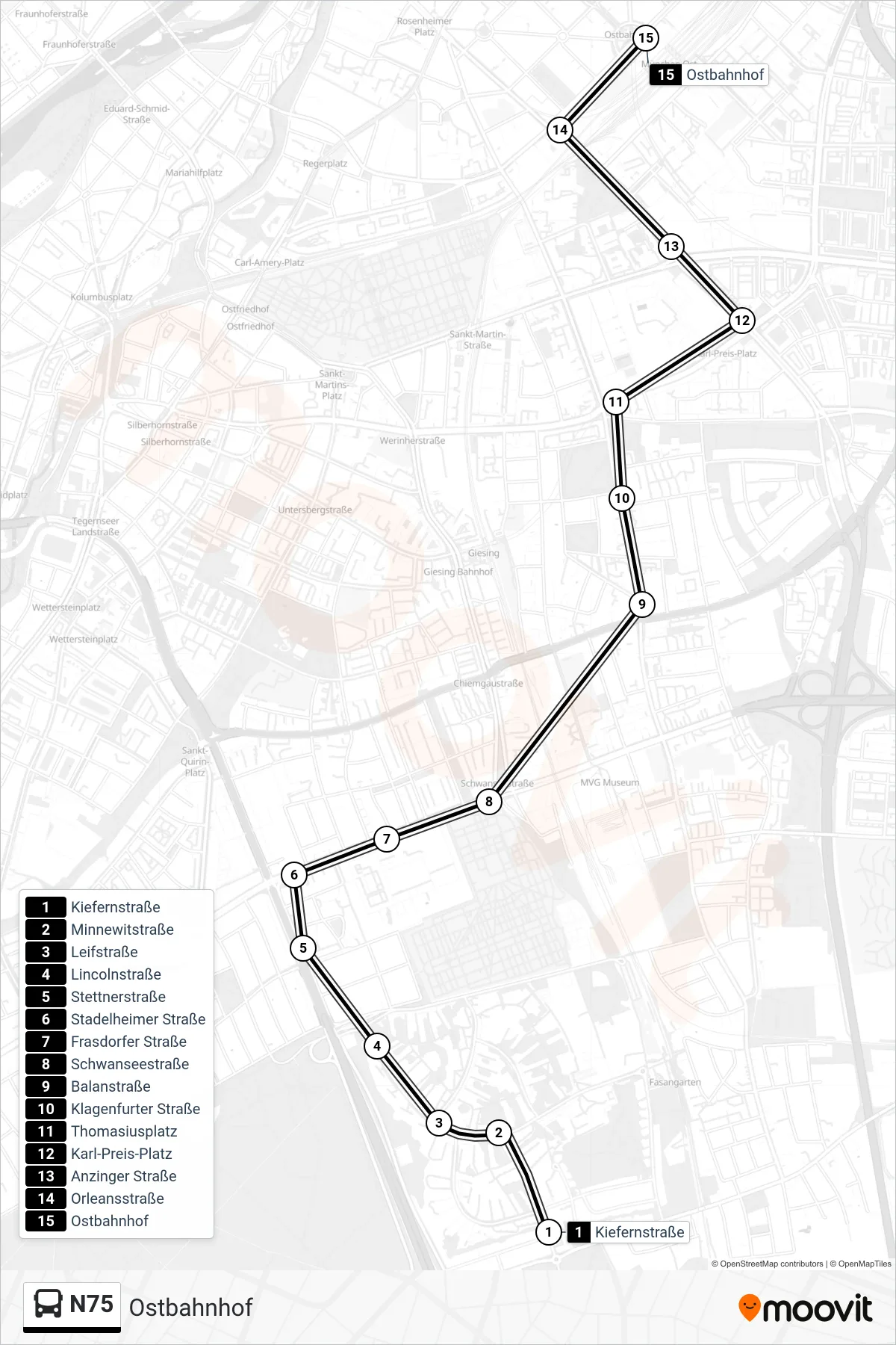 N75 bus Line (Ostbahnhof) route and stops on a map
