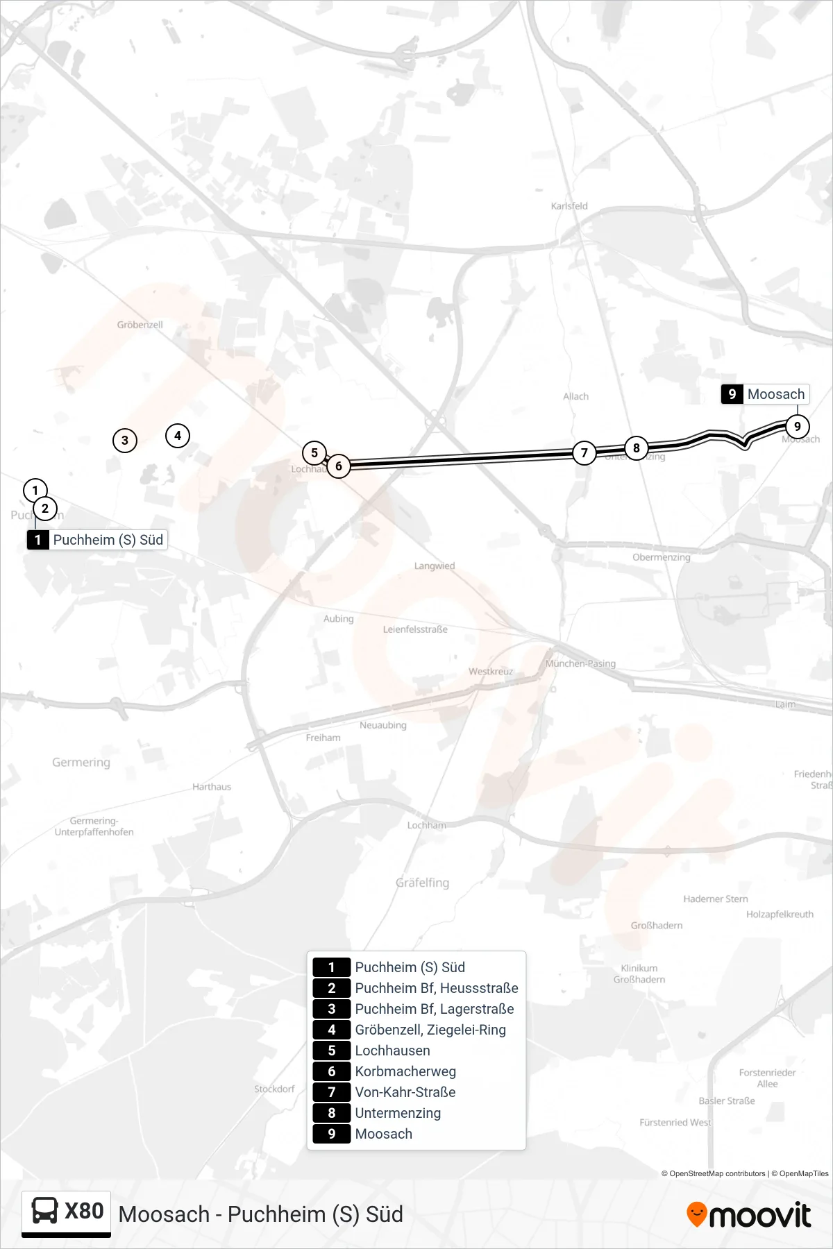 X80 bus Line (Moosach) route and stops on a map