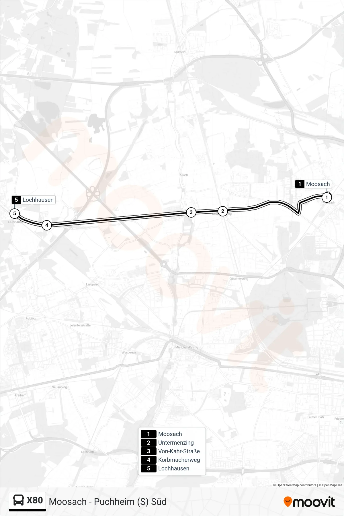 X80 bus Line (Lochhausen) route and stops on a map
