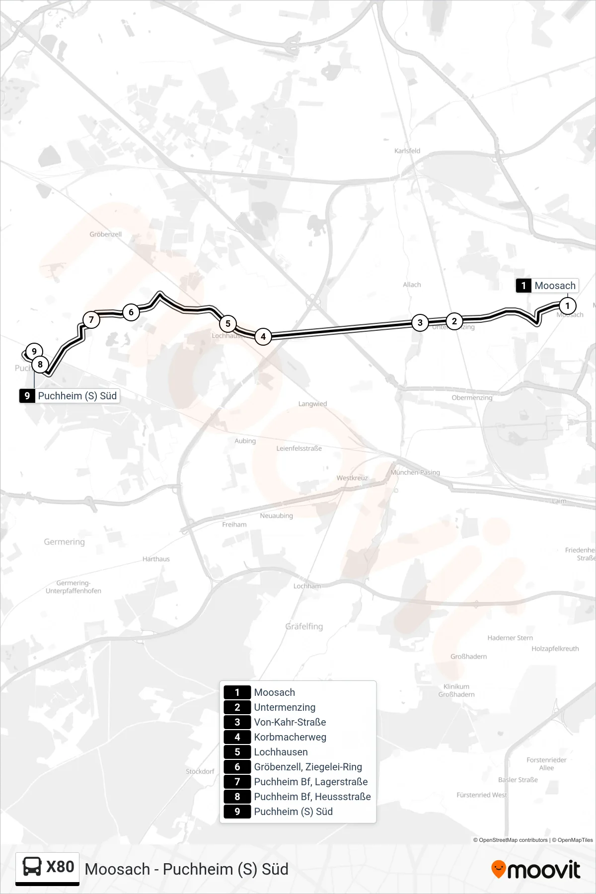 Linie X80 (Bus) Richtung Puchheim (S) Süd: Route und Haltestellen auf der Karte