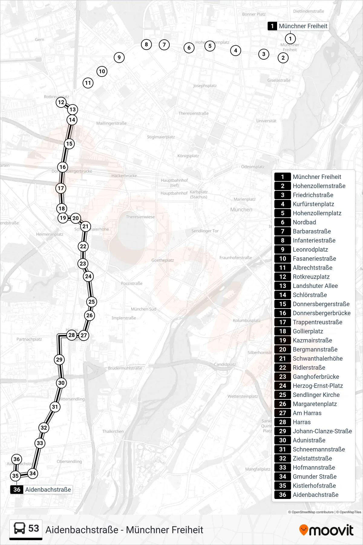53 bus Line (Aidenbachstraße U) route and stops on a map