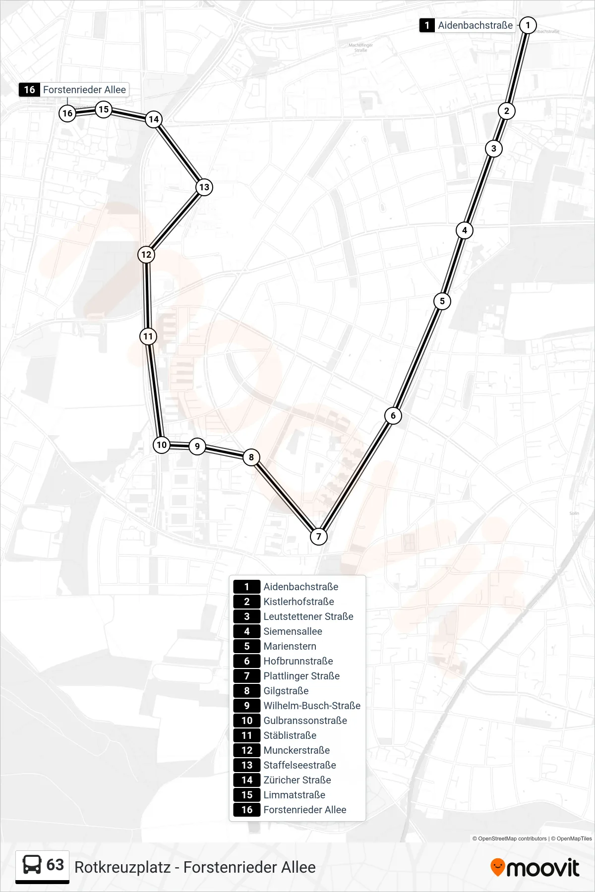Linie 63 (Bus) Richtung Forstenrieder Allee U: Route und Haltestellen auf der Karte