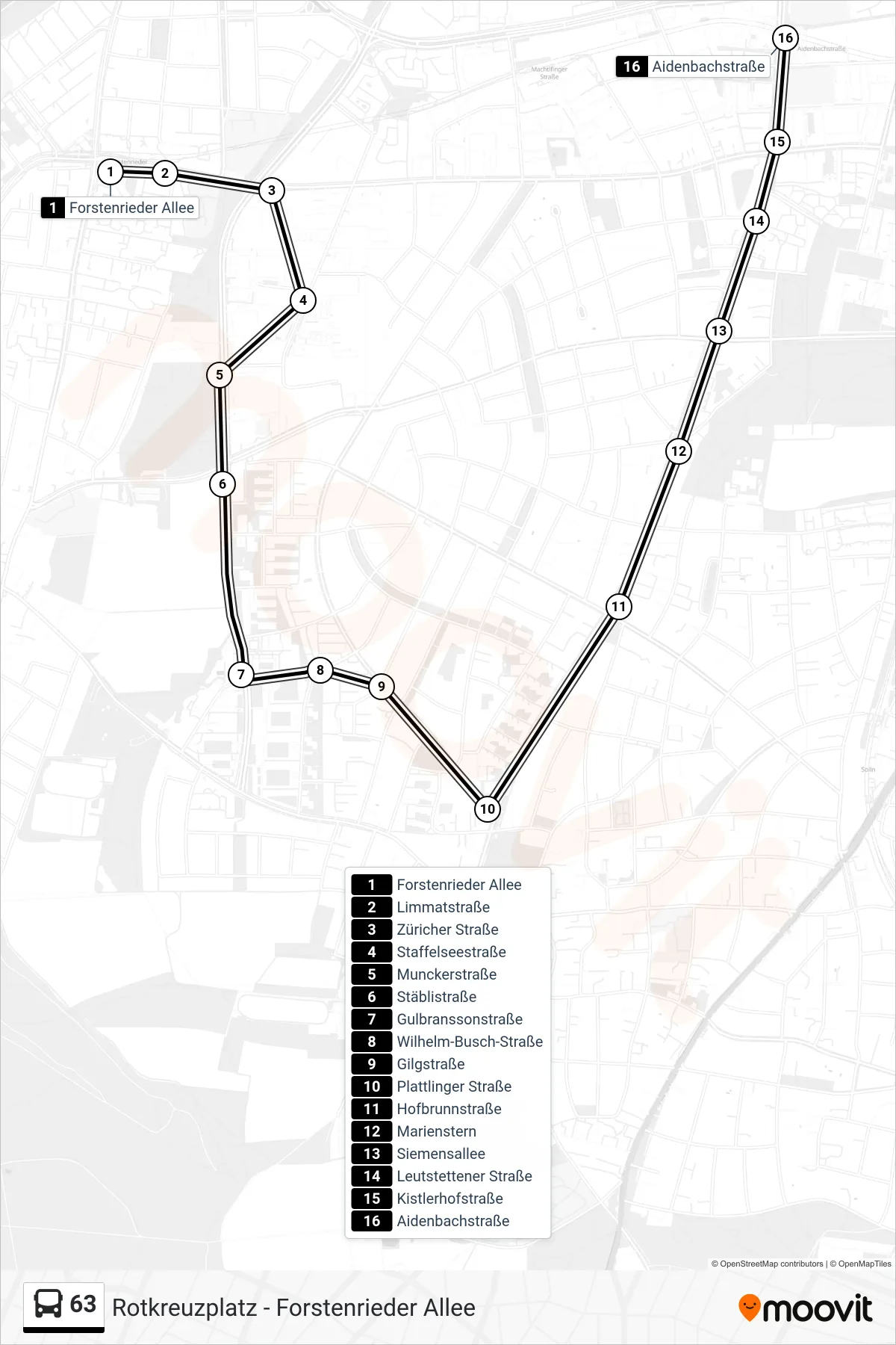 63 bus Line (Aidenbachstraße) route and stops on a map