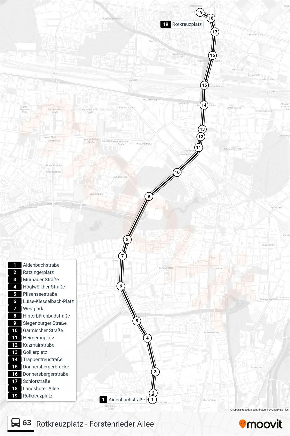 63 bus Line (Rotkreuzplatz U) route and stops on a map