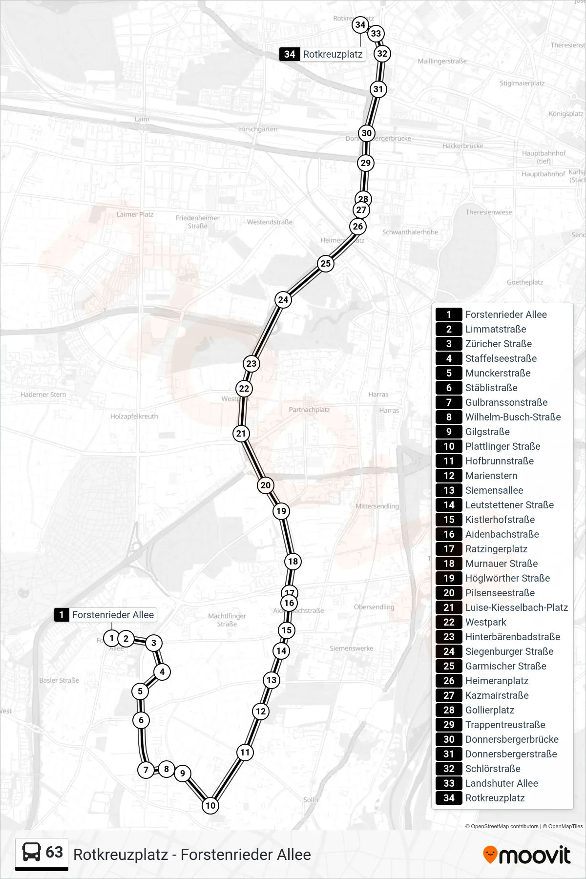 63 bus Line (Rotkreuzplatz) route and stops on a map