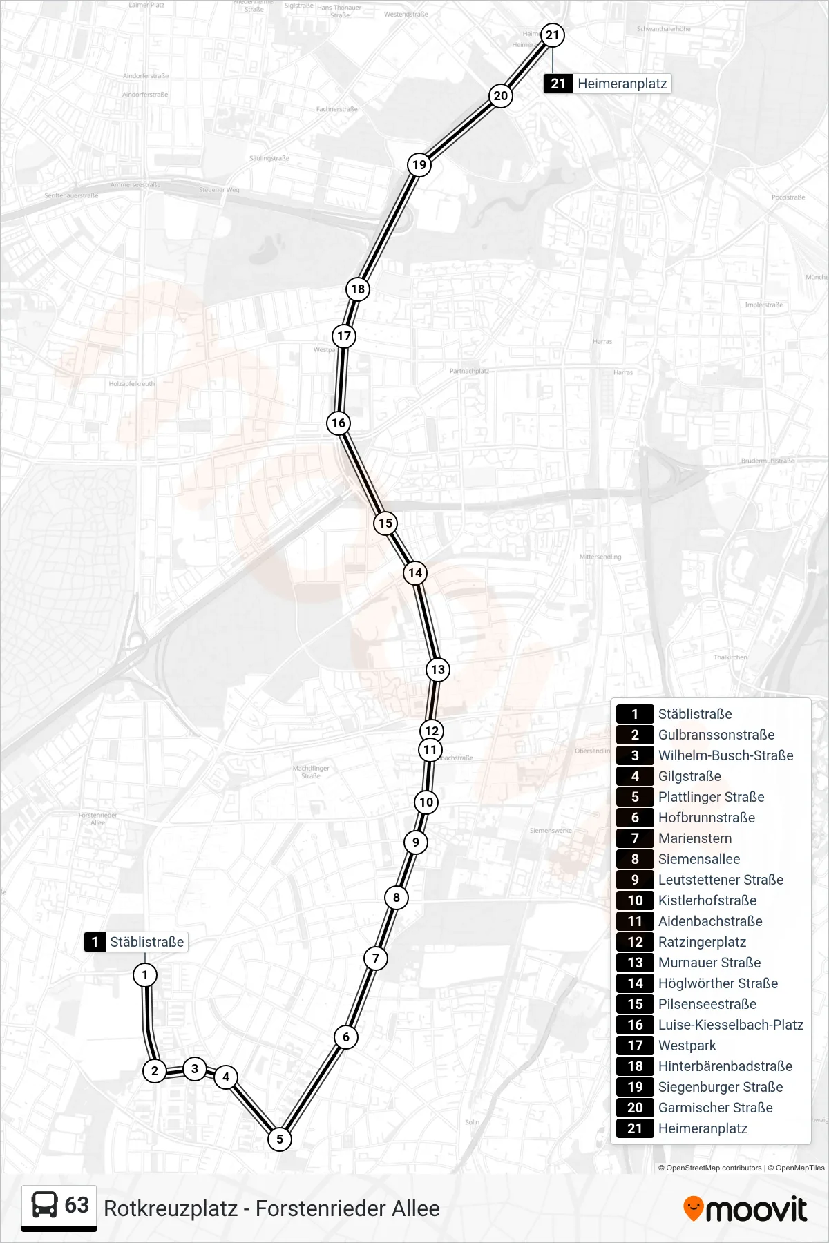 63 bus Line (Heimeranplatz U S) route and stops on a map