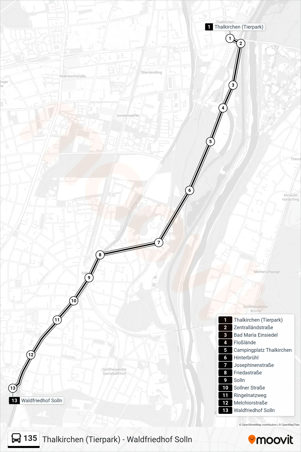 135 bus Line (Waldfriedhof Solln) route and stops on a map