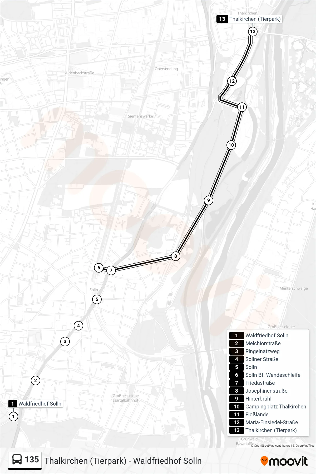 Linie 135 (Bus) Richtung Thalkirchen (Tierpark) U: Route und Haltestellen auf der Karte
