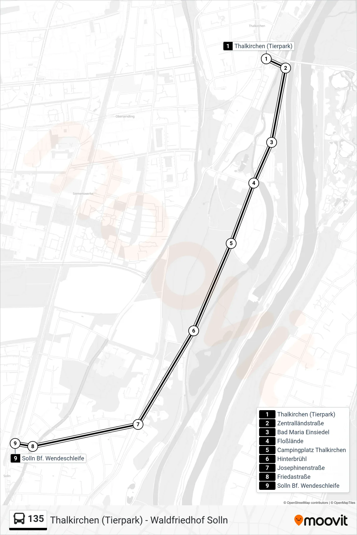 135 bus Line (Solln Bf S (Wendeschleife)) route and stops on a map