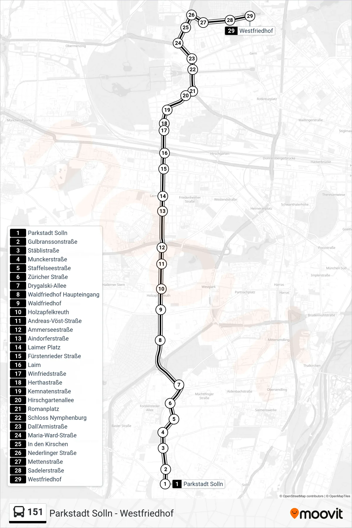 151 bus Line (Westfriedhof U) route and stops on a map