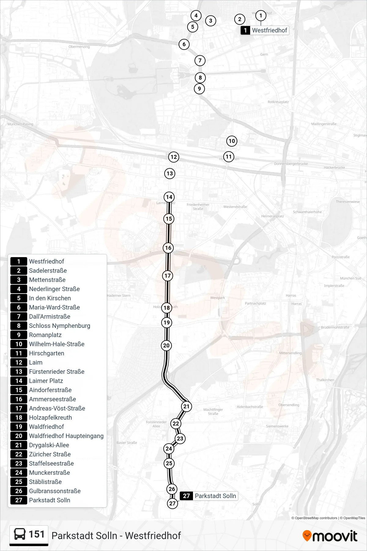 151 bus Line (Parkstadt Solln) route and stops on a map