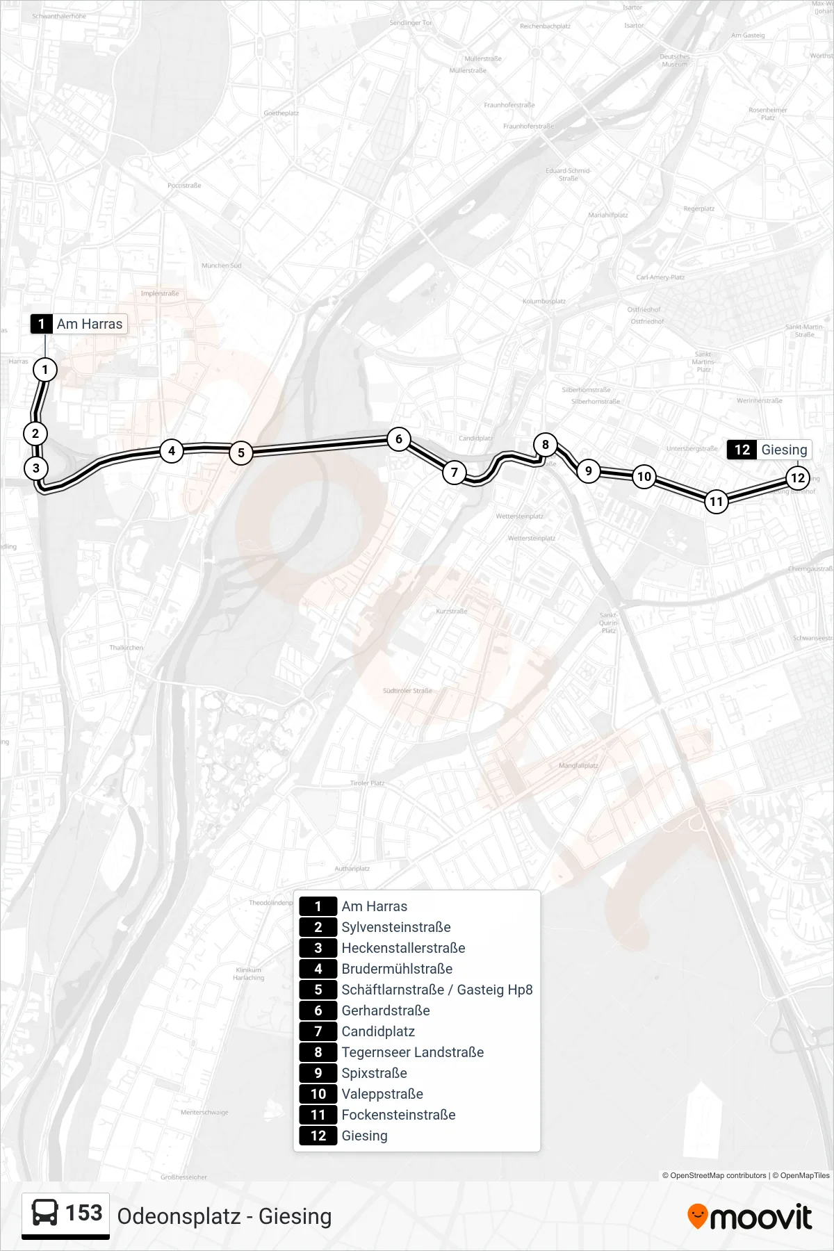 153 bus Line (Giesing Bf. U S) route and stops on a map