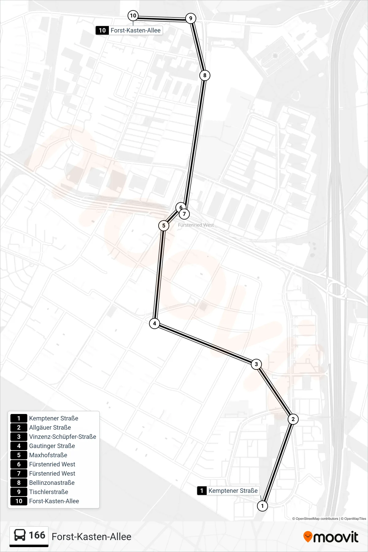 166 bus Line (Forst-Kasten-Allee) route and stops on a map