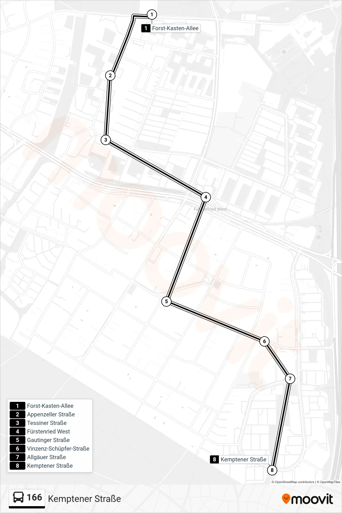 Linie 166 (Bus) Richtung Kemptener Straße: Route und Haltestellen auf der Karte
