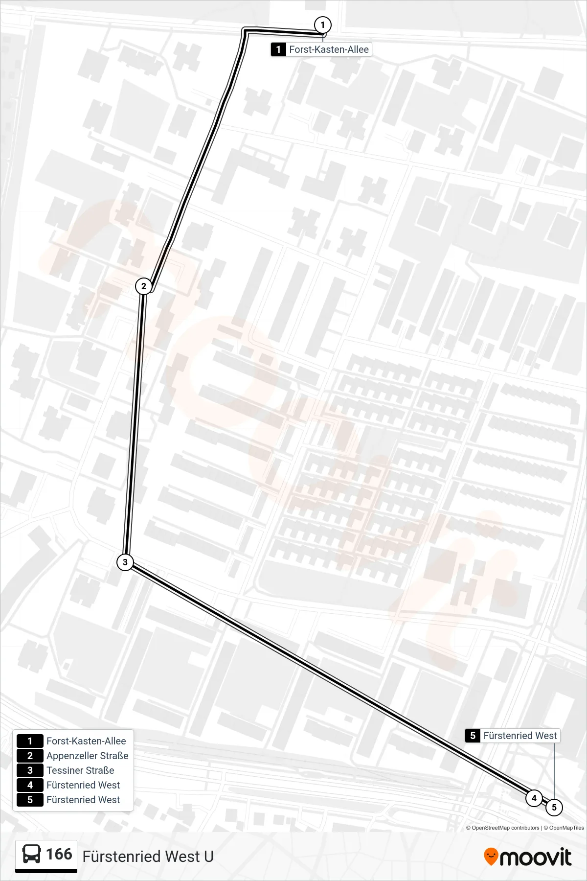 166 bus Line (Fürstenried West U) route and stops on a map