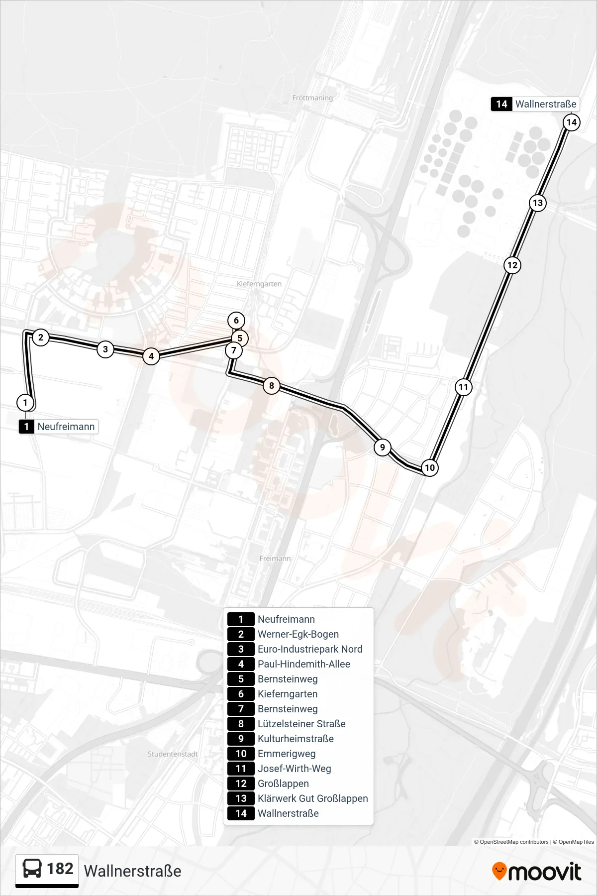 Linie 182 (Bus) Richtung Wallnerstraße: Route und Haltestellen auf der Karte