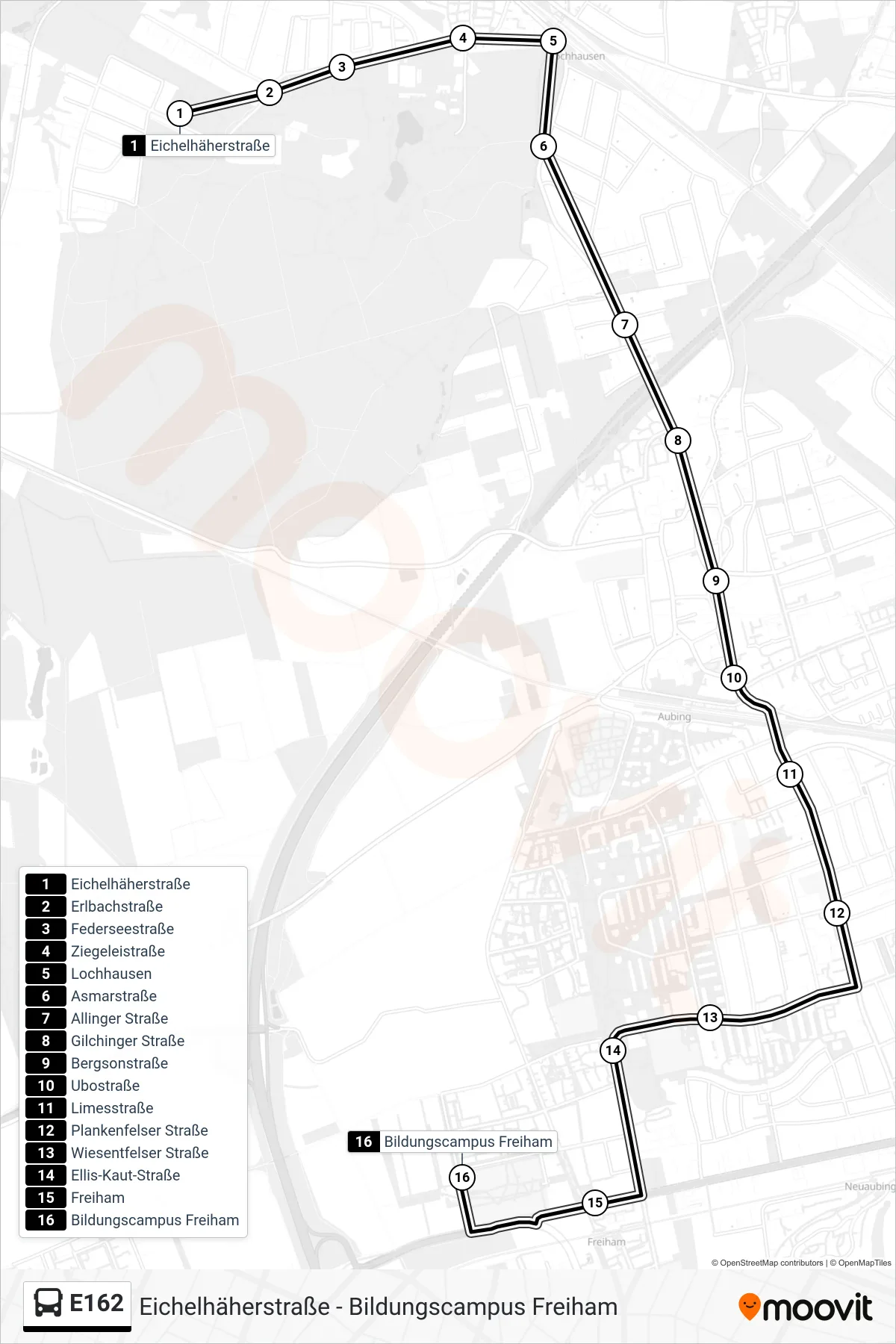Linie E162 (Bus) Richtung Bildungscampus Freiham: Route und Haltestellen auf der Karte