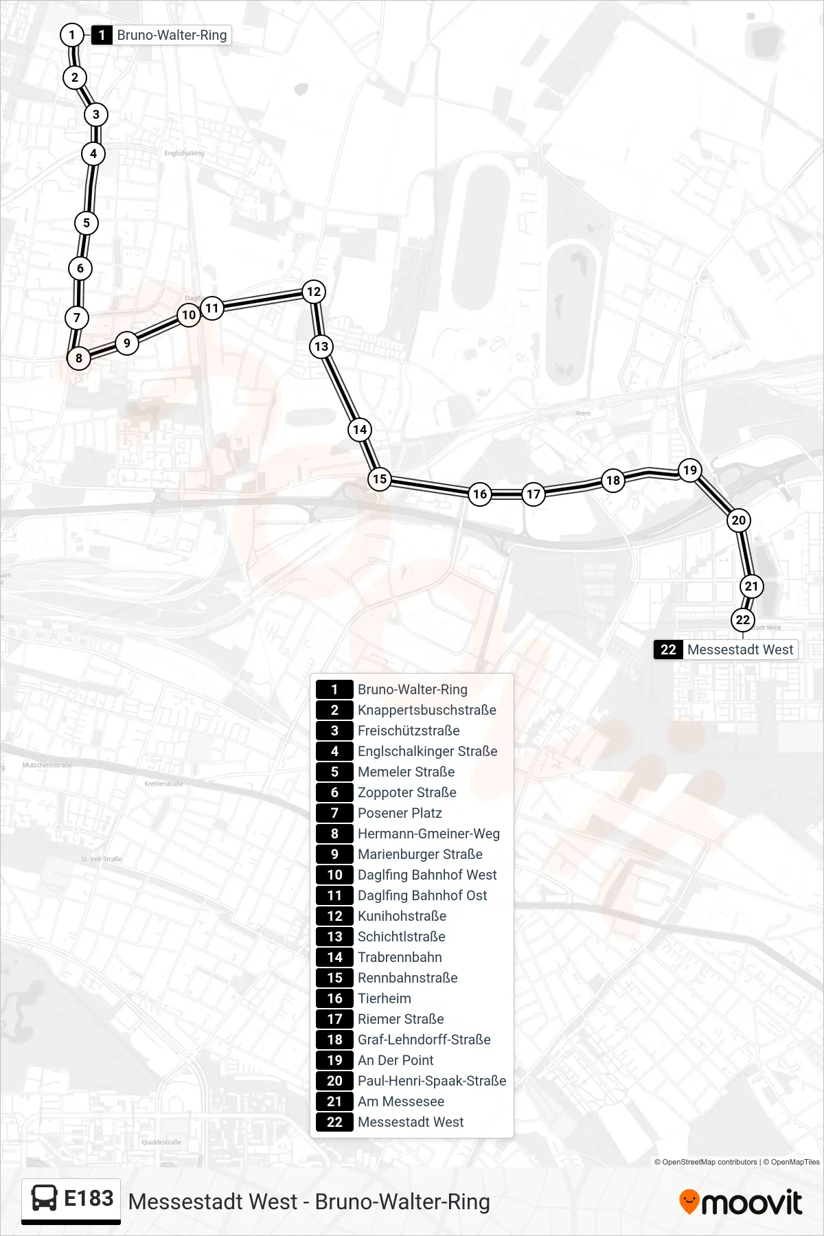 Linie E183 (Bus) Richtung Messestadt West U: Route und Haltestellen auf der Karte