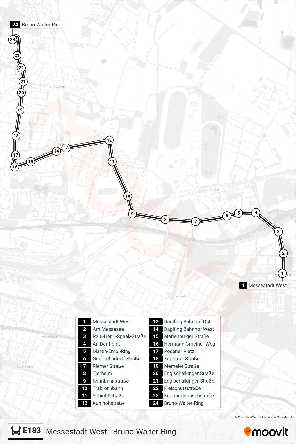 E183 bus Line (Bruno-Walter-Ring) route and stops on a map