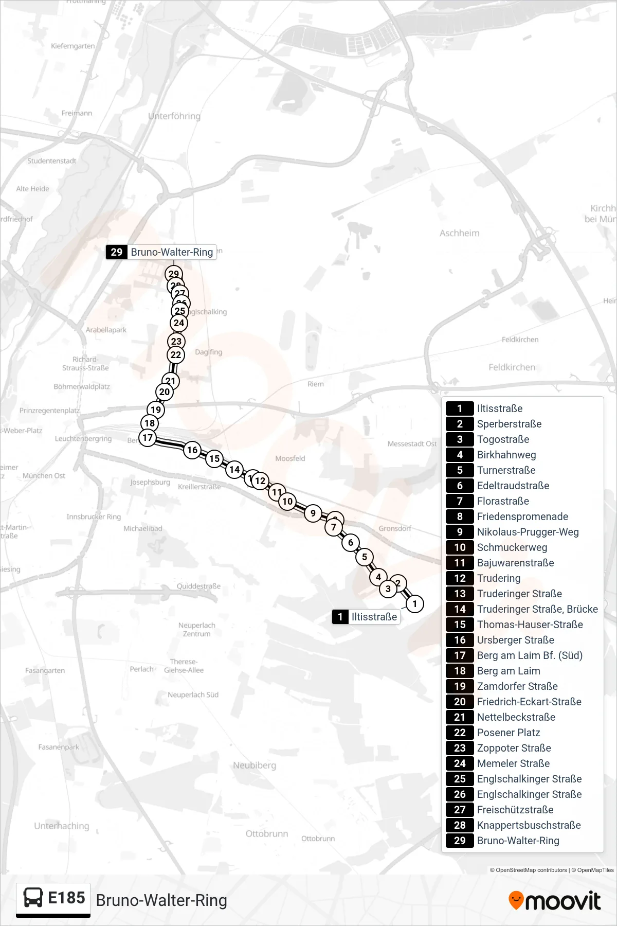 Linie E185 (Bus) Richtung Bruno-Walter-Ring: Route und Haltestellen auf der Karte