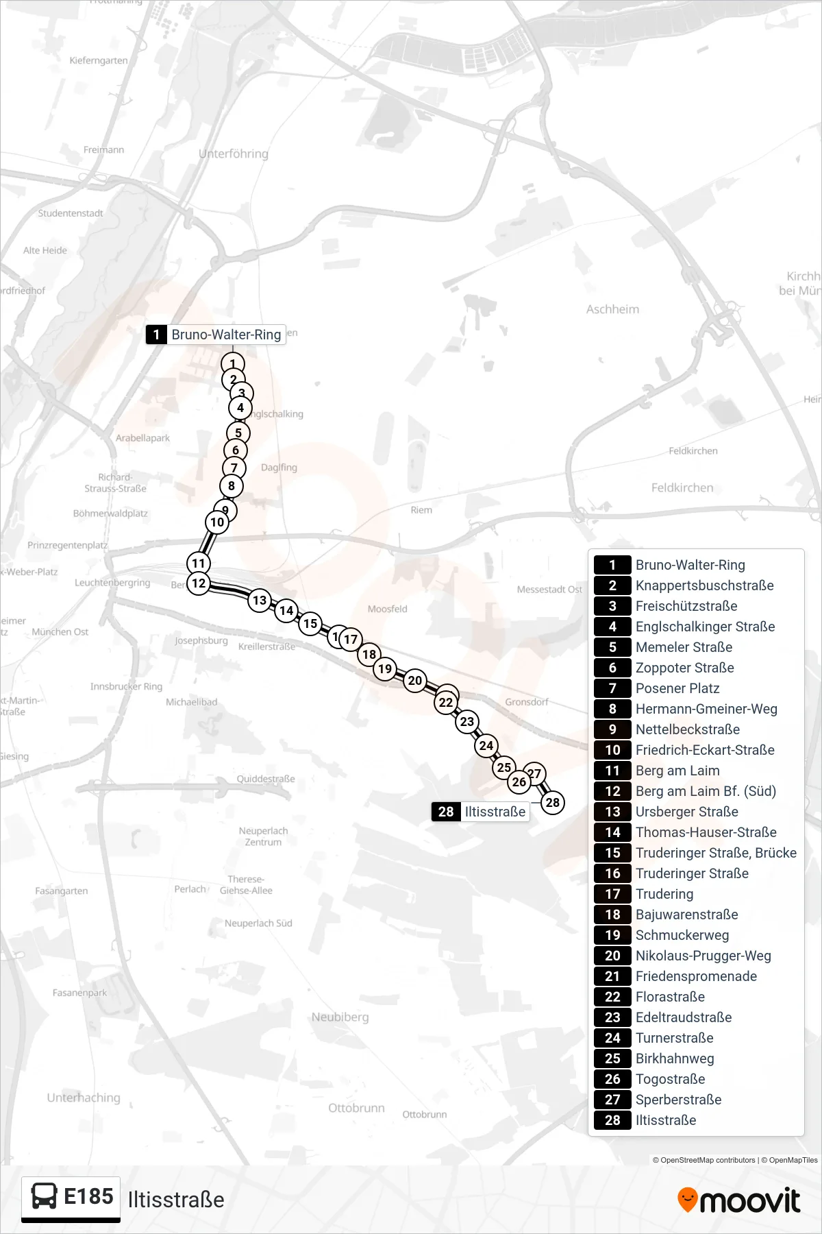 Linie E185 (Bus) Richtung Iltisstraße: Route und Haltestellen auf der Karte
