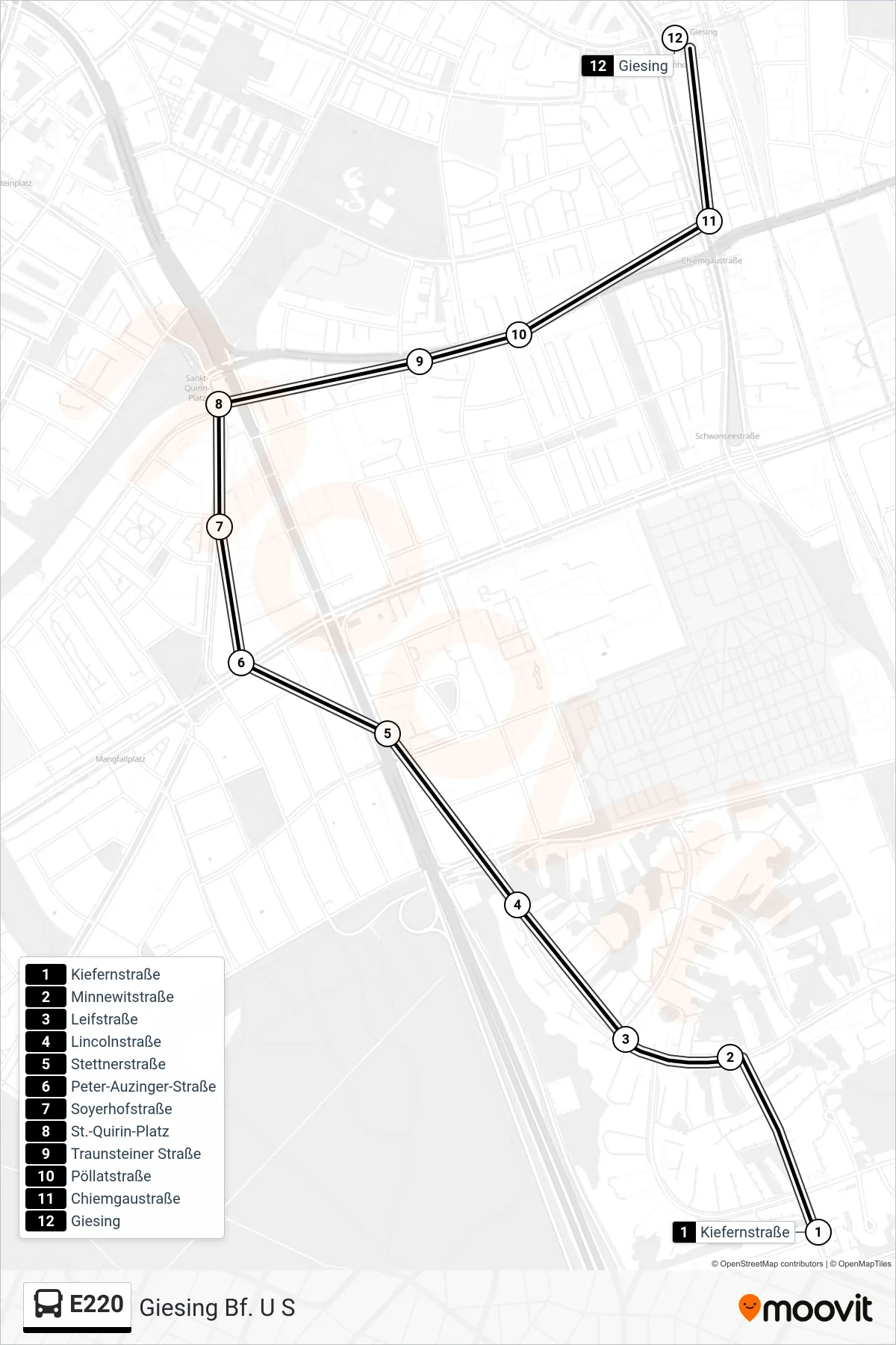 Linie E220 (Bus) Richtung Giesing Bf. U S: Route und Haltestellen auf der Karte