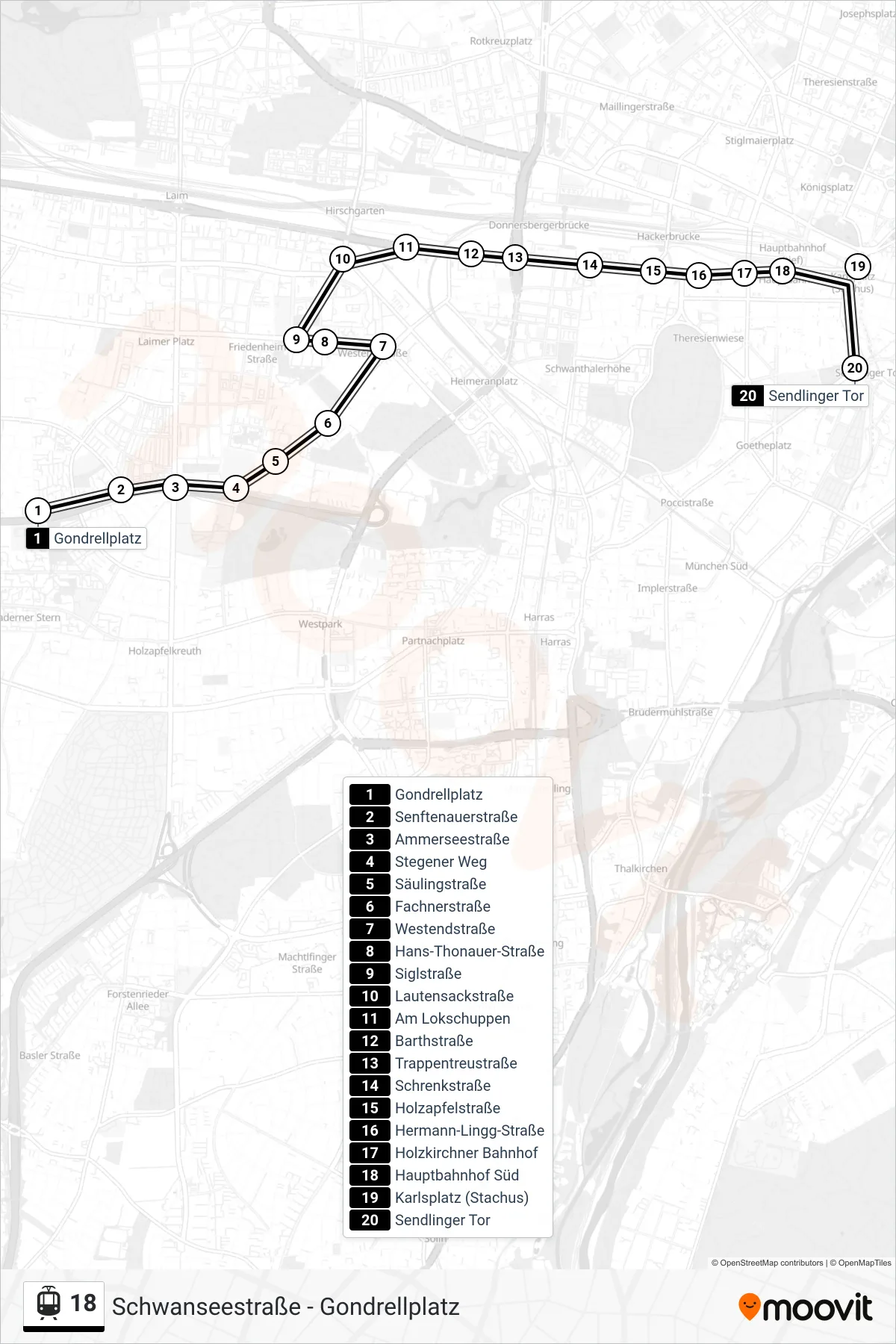 18 light rail Line (Sendlinger Tor) route and stops on a map