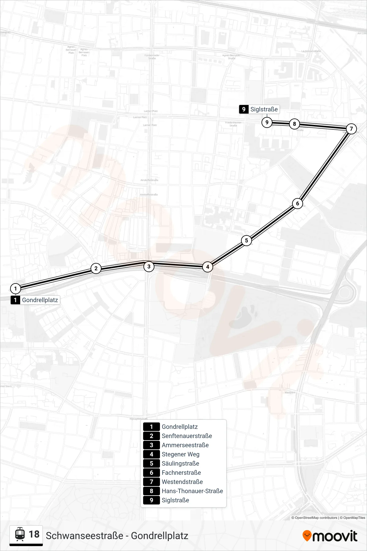 Linie 18 (Straßenbahn) Richtung Pasing Bf. S: Route und Haltestellen auf der Karte