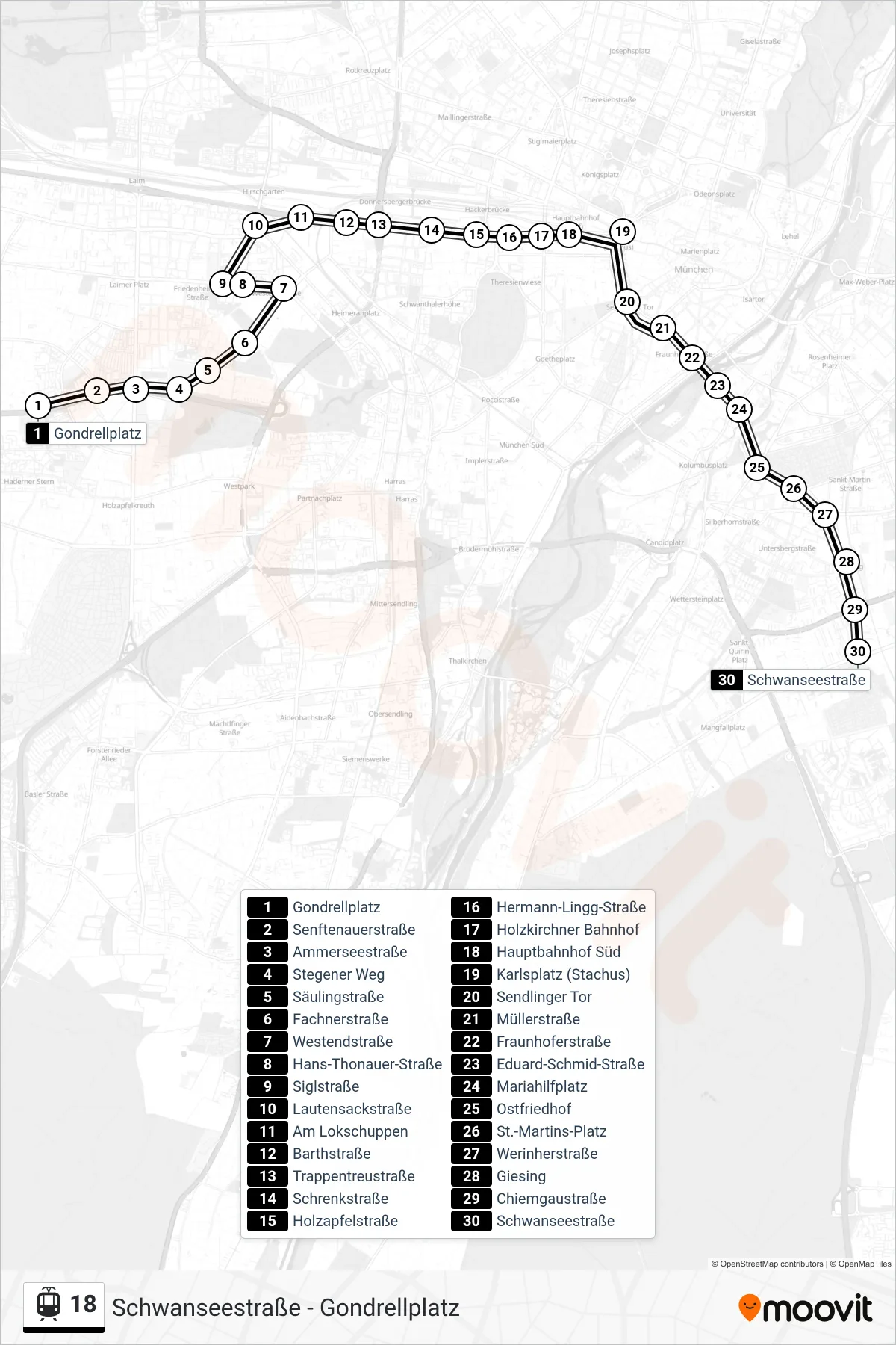 18 tram Line (Schwanseestraße) route and stops on a map