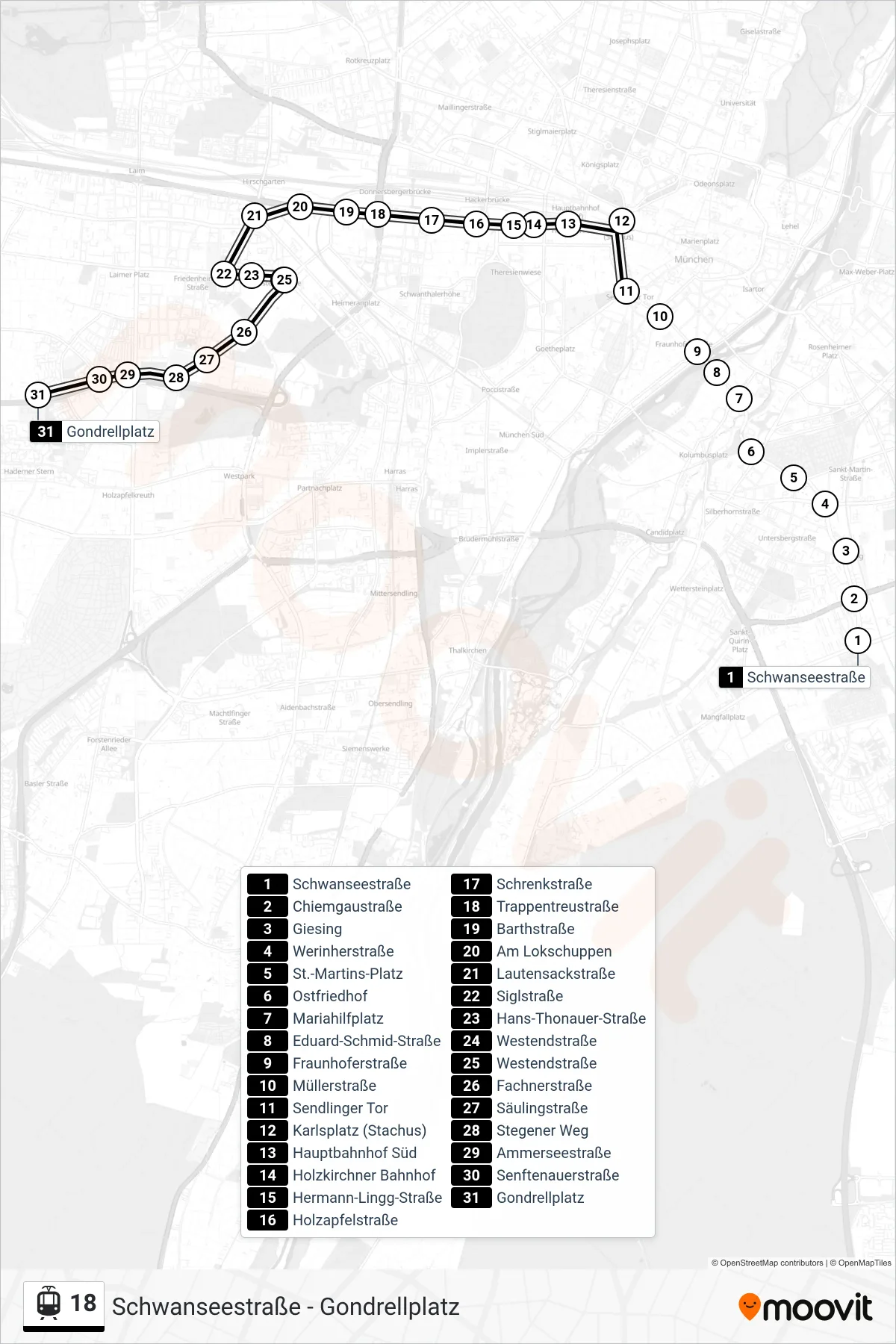 18 tram Line (Gondrellplatz) route and stops on a map