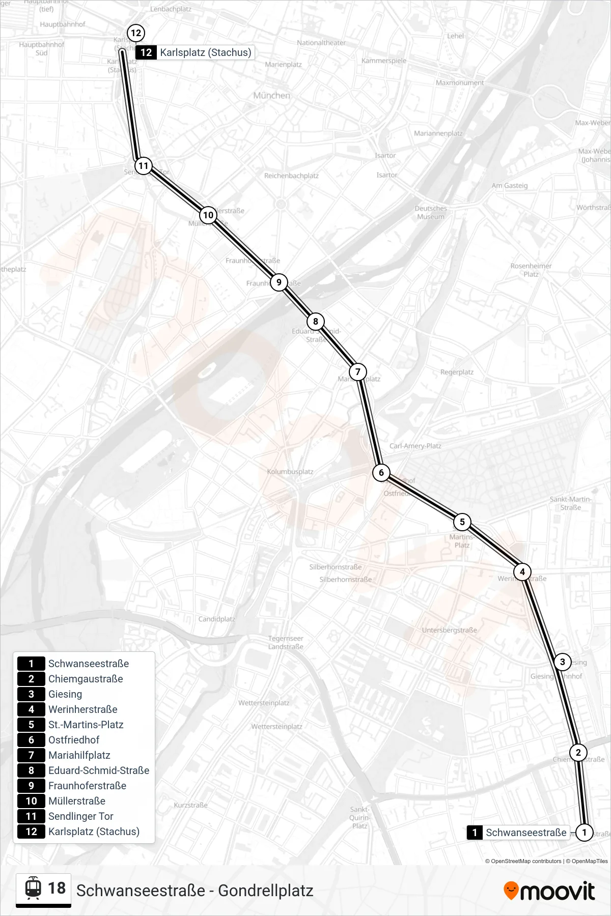18 light rail Line (Karlsplatz (Stachus) U S) route and stops on a map