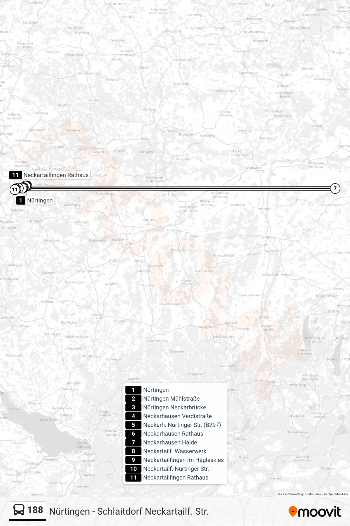 188 bus Line (Neckartailfingen Rathaus) route and stops on a map