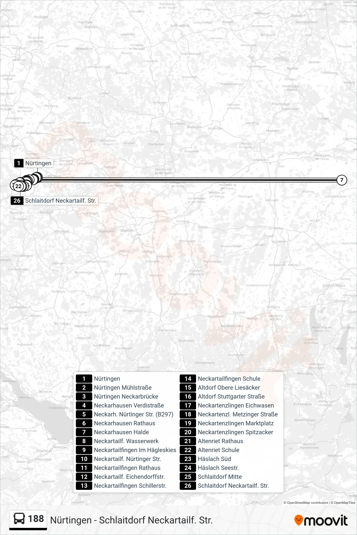 188 bus Line (Schlaitdorf Neckartailf. Str.) route and stops on a map