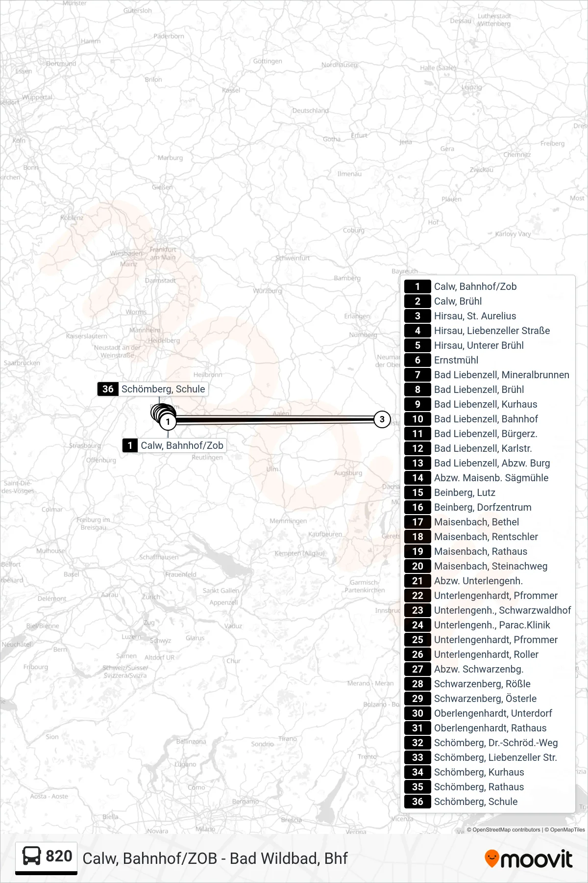 Linie 820 (Bus) Richtung Schömberg, Schule: Route und Haltestellen auf der Karte
