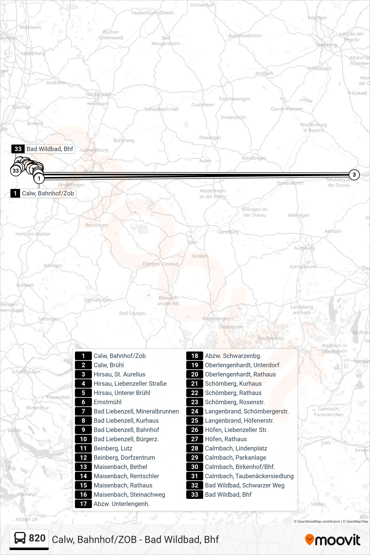 820 bus Line (Bad Wildbad, Bhf) route and stops on a map