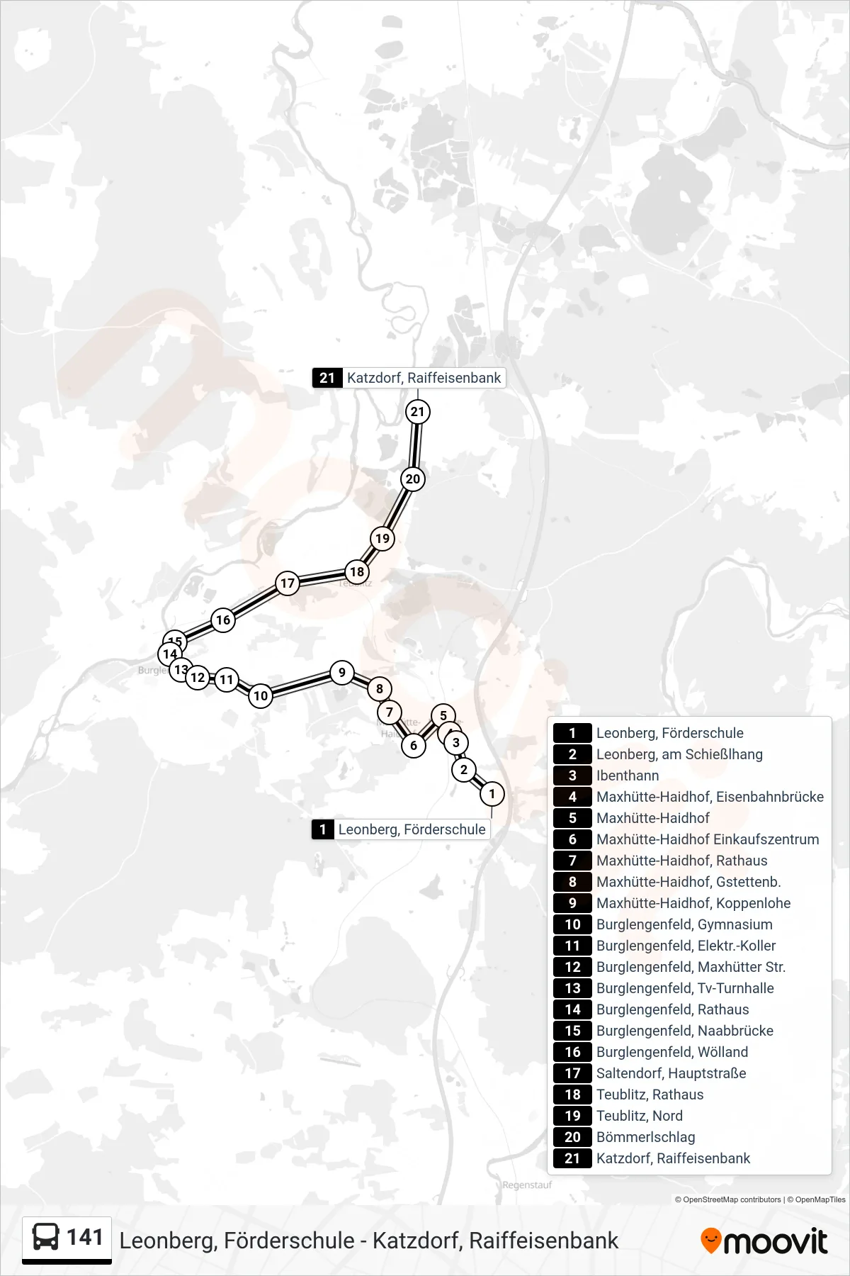 141 bus Line (Katzdorf, Raiffeisenbank) route and stops on a map