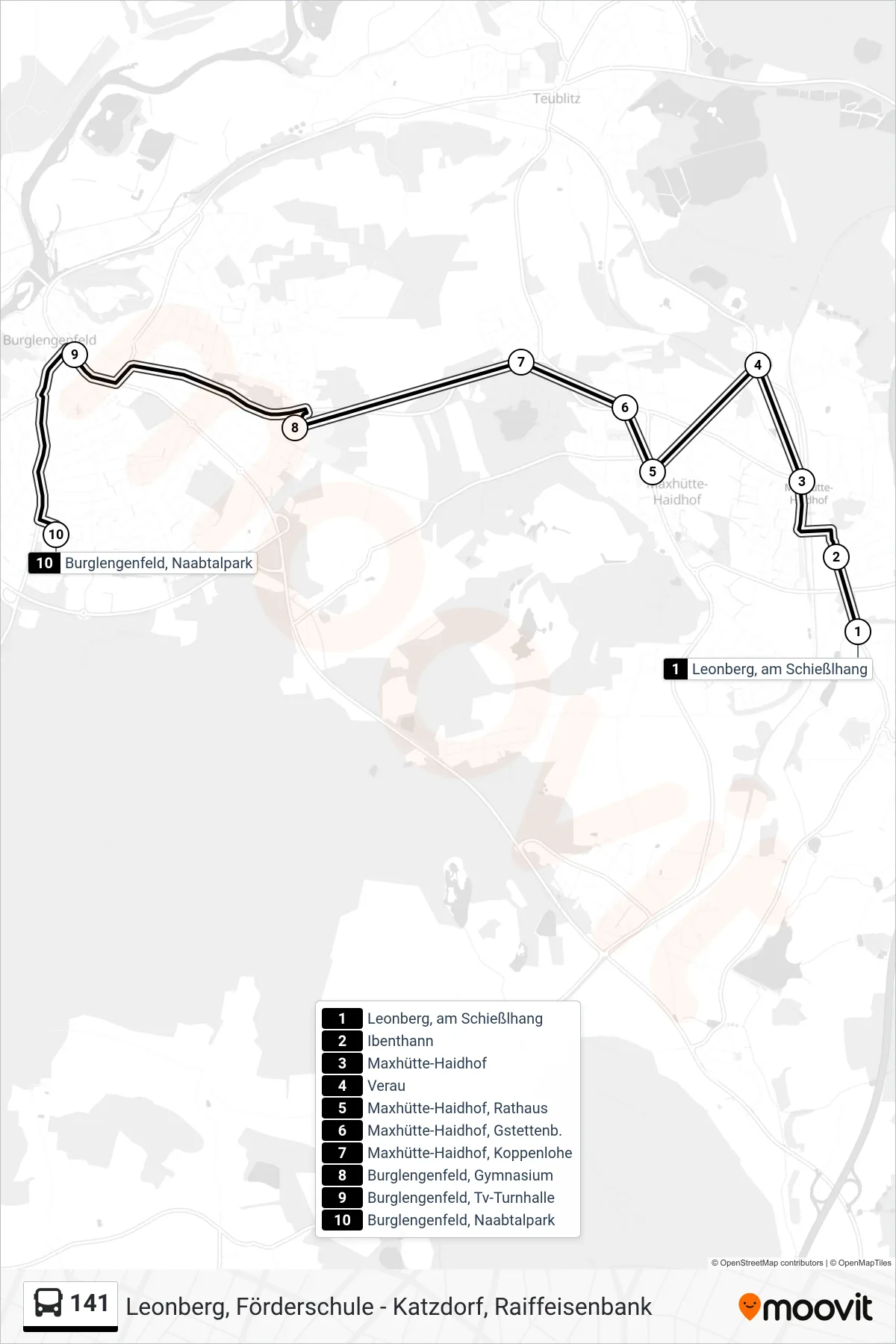 141 bus Line (Burglengenfeld, Naabtalpark) route and stops on a map