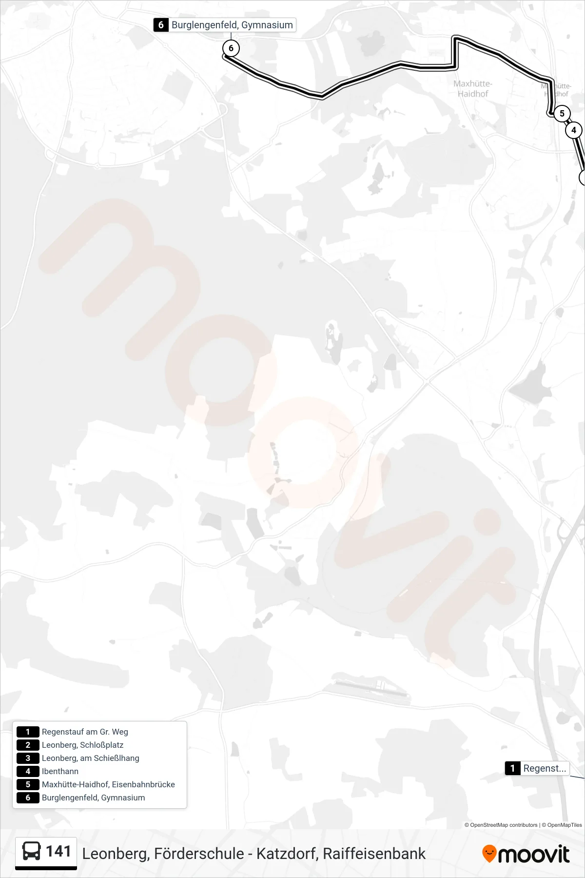 141 bus Line (Burglengenfeld, Gymnasium) route and stops on a map