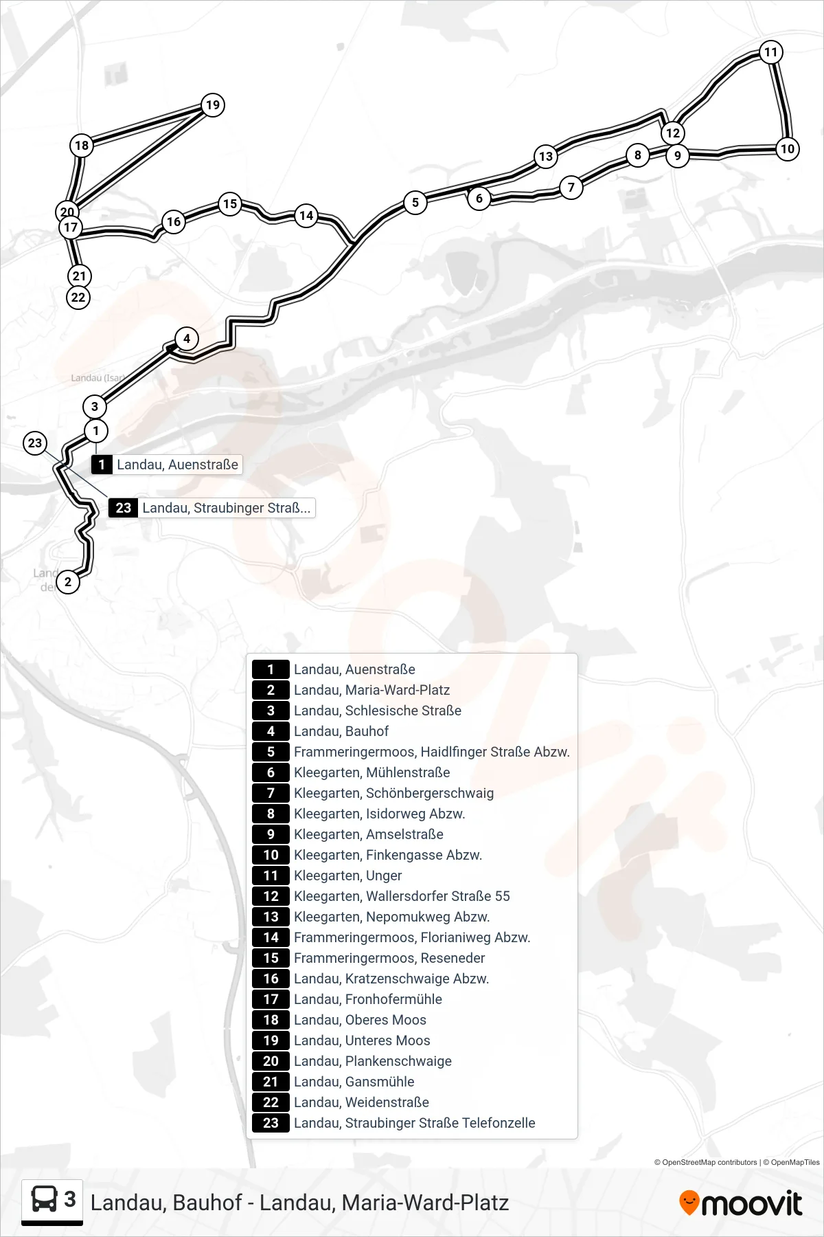 3 bus Line (Landau) route and stops on a map