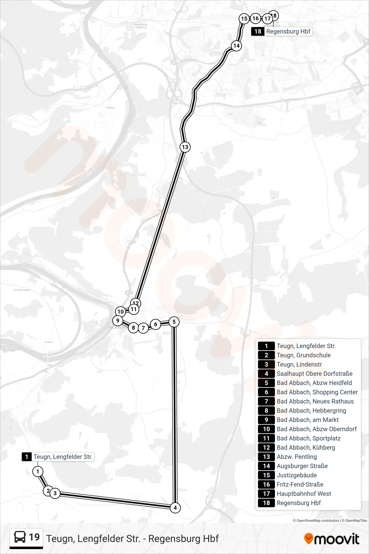 Linie 19 (Bus) Richtung Schnellbus Regensburg Hbf: Route und Haltestellen auf der Karte