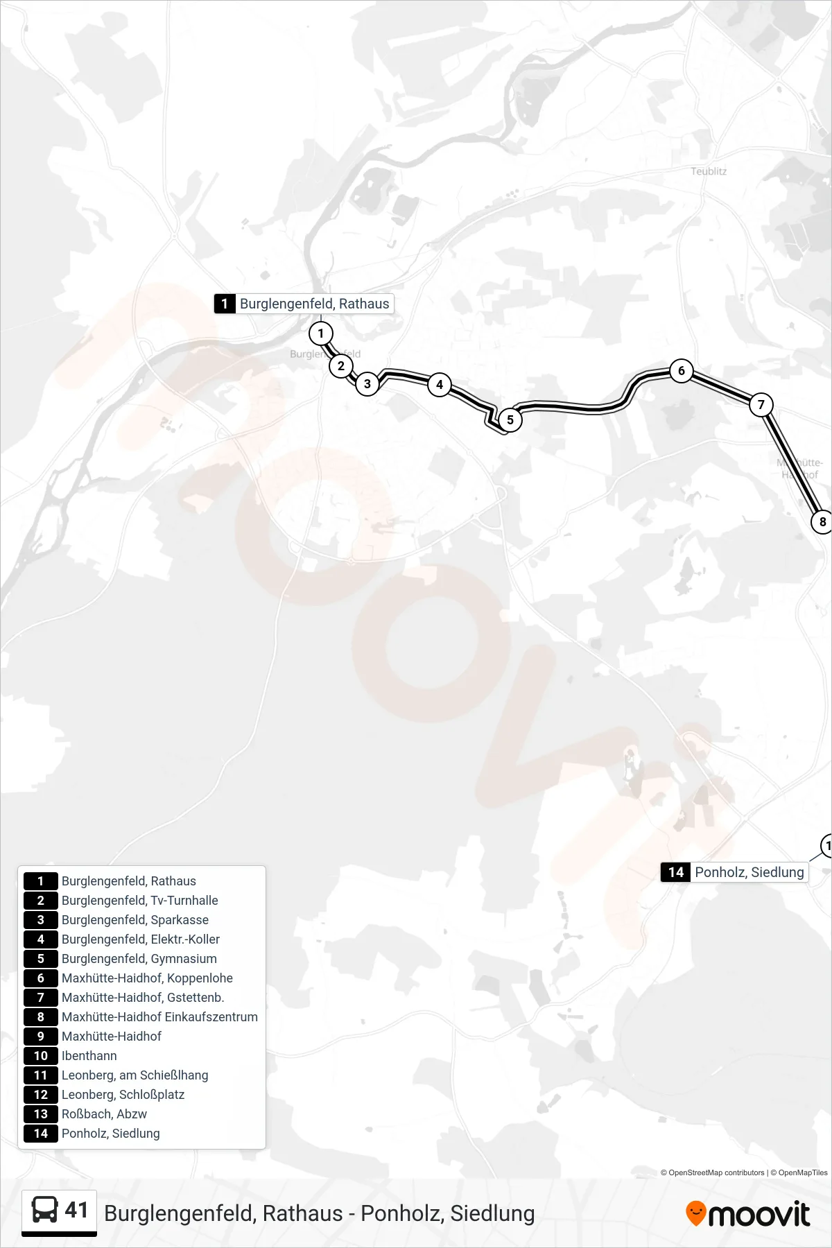 Linie 41 (Bus) Richtung Ponholz, Siedlung: Route und Haltestellen auf der Karte