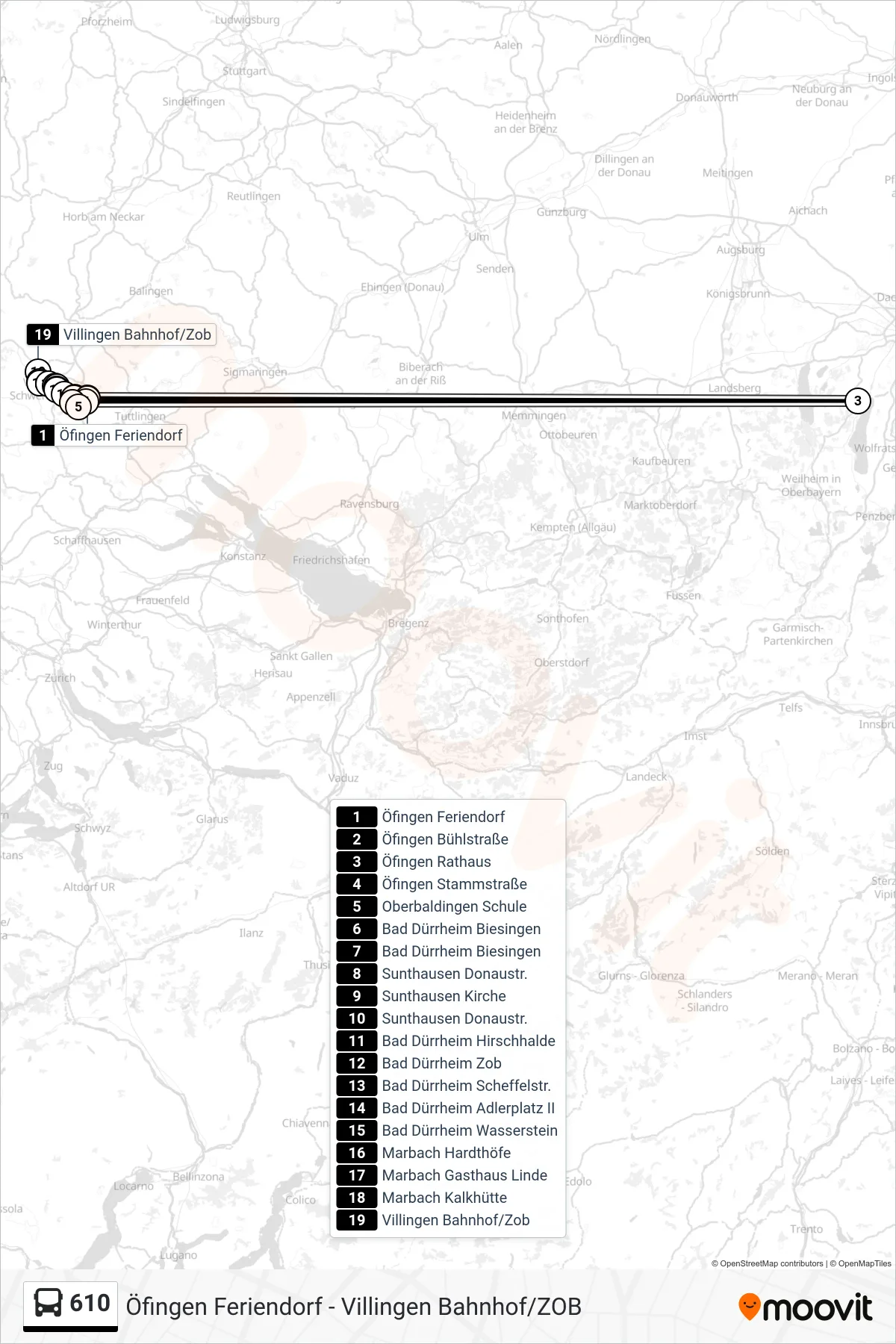 610 bus Line (Villingen Bahnhof/Zob) route and stops on a map