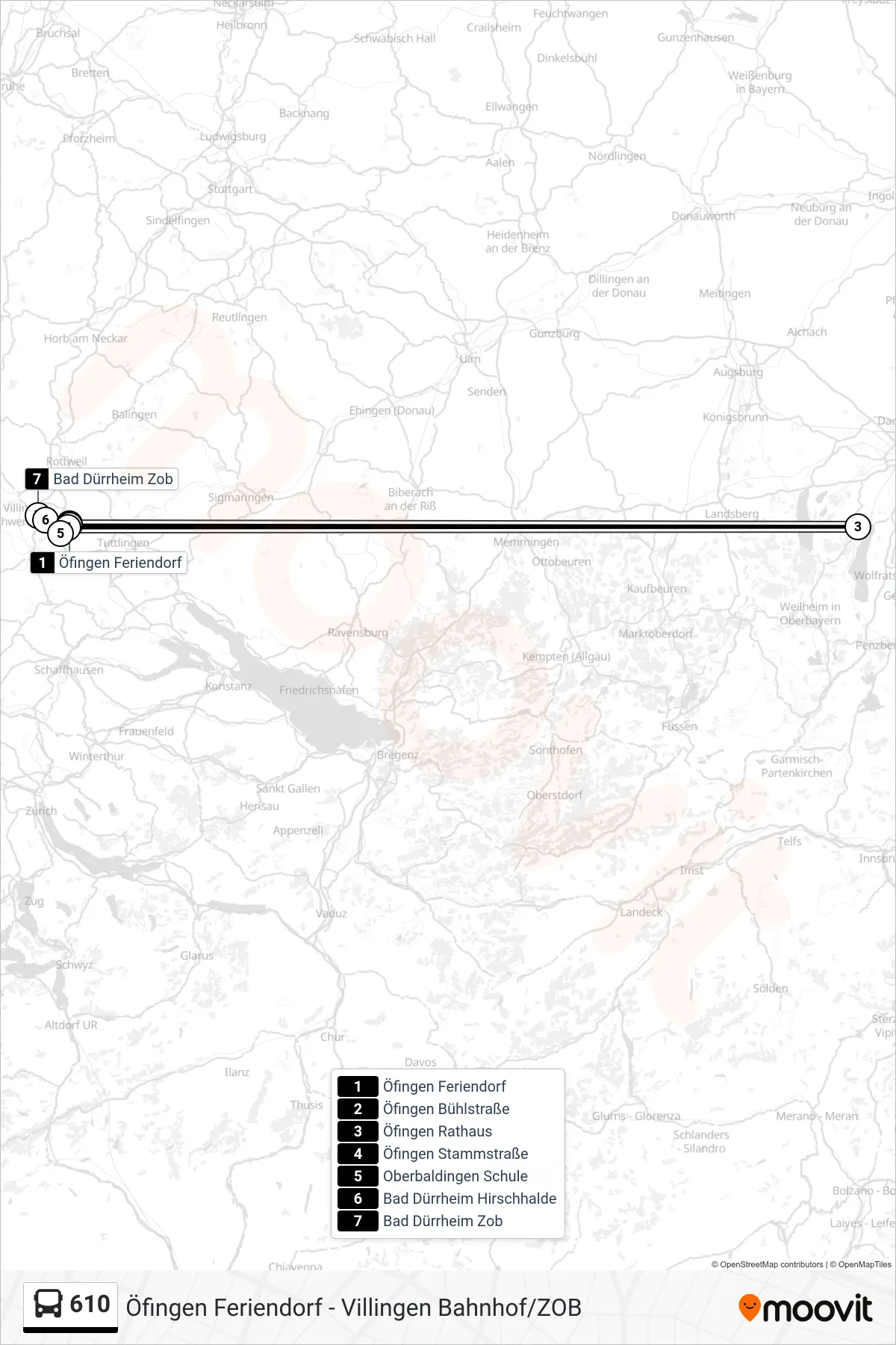 610 bus Line (Bad Dürrheim Zob) route and stops on a map